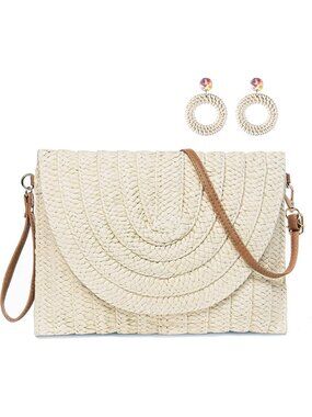 Women's White Summer Purse Buckle Woven Beach Bag with Pair of Rattan Earring